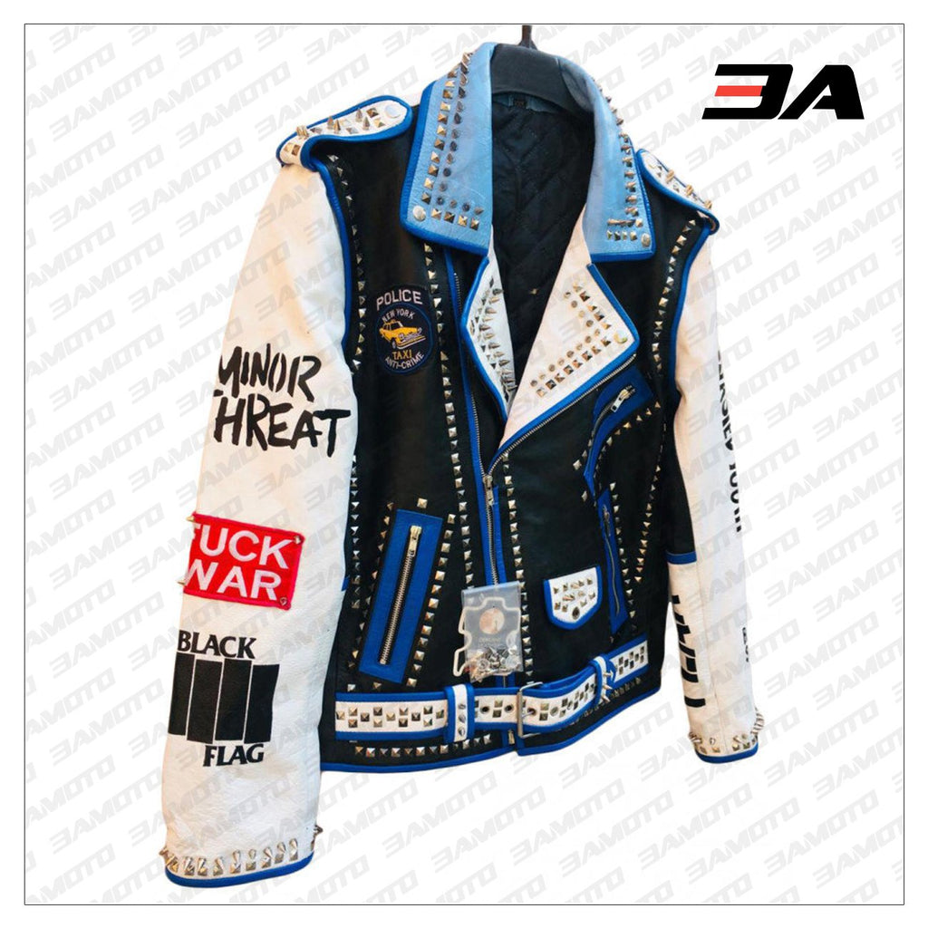 Handmade Mens Fashion Studded Punk Style blue and white Leather Jacket