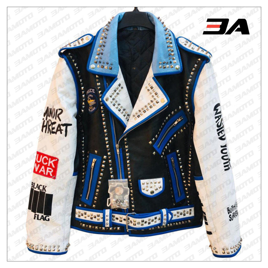 Handmade Mens Fashion Studded Punk Style blue and white Leather Jacket