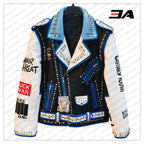 Handmade Mens Fashion Studded Punk Style blue and white Leather Jacket