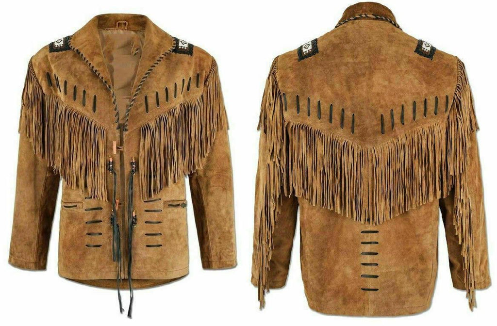 Handmade Men’s Western Suede Leather Jacket - Cowboy Fringe Style