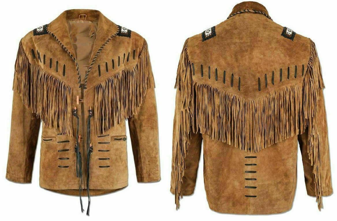 Handmade Men’s Western Suede Leather Jacket - Cowboy Fringe Style