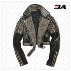 Handmade Punk Studded Black Belted Style Biker Silver Studs Spiked Jacket For Womens