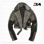 Handmade Punk Studded Black Belted Style Biker Silver Studs Spiked Jacket For Womens