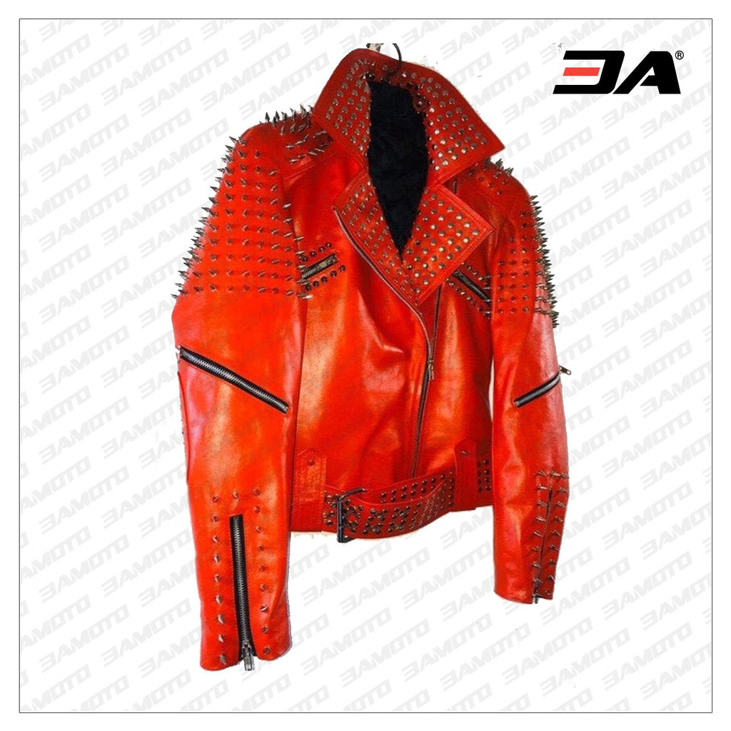 Handmade Red Punk Biker Jackets, Casual Leather Studded Jackets For Men