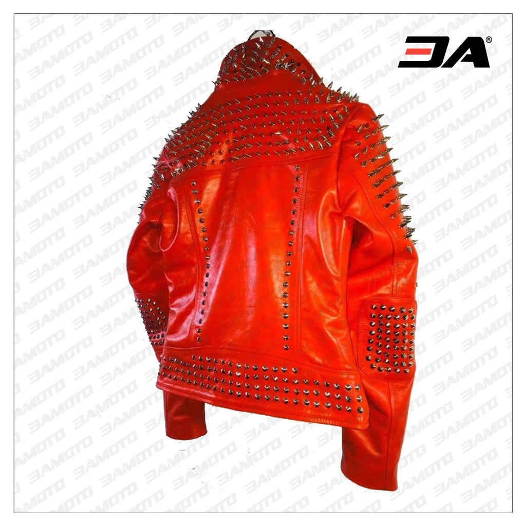Handmade Red Punk Biker Jackets, Casual Leather Studded Jackets For Men