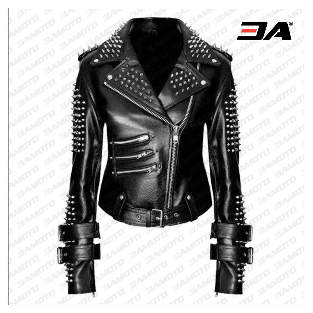 Handmade Women Black Punk Silver Spiked Studded Leather Biker Jacket
