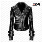 Handmade Women Black Punk Silver Spiked Studded Leather Biker Jacket