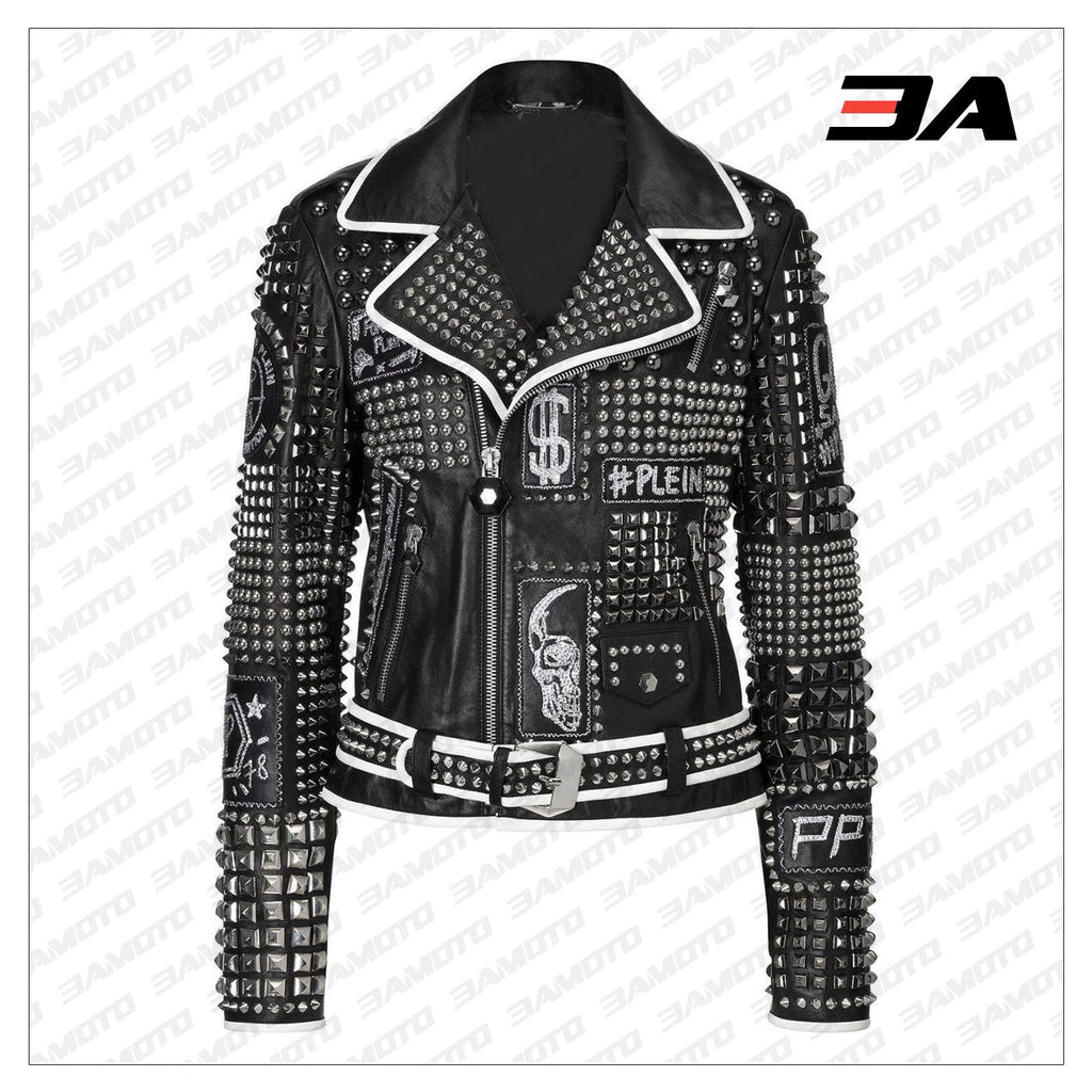Handmade Women Philip Plein Black Fashion Studded Punk Style Leather Jacket
