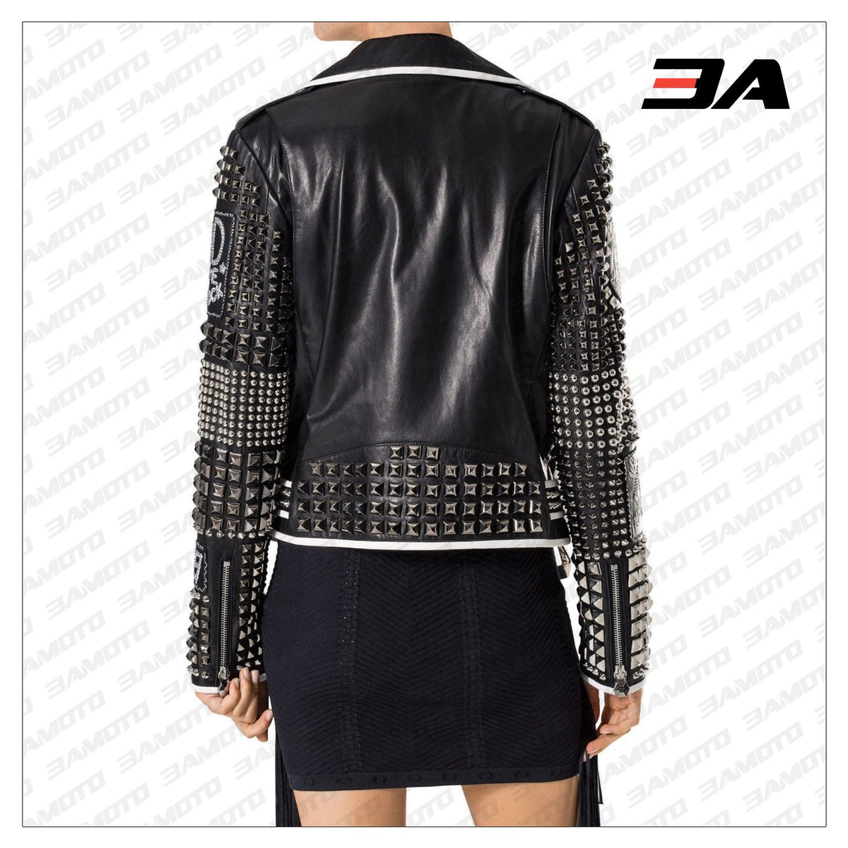 Handmade Women Philip Plein Black Fashion Studded Punk Style Leather Jacket