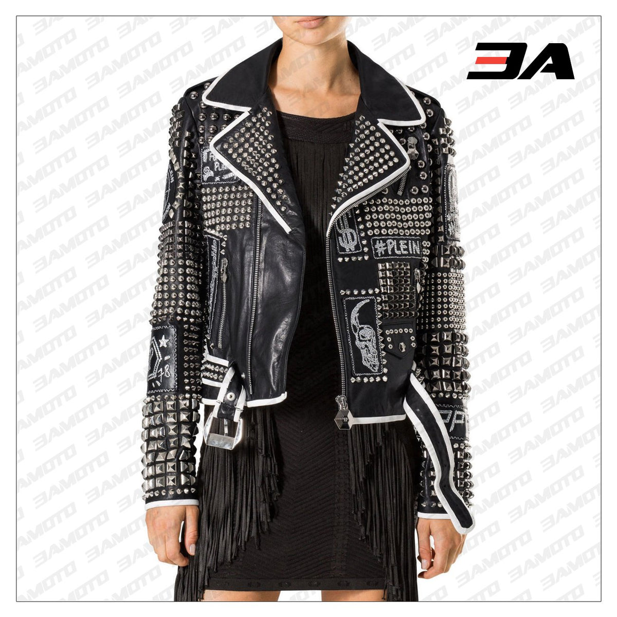 Handmade Women Philip Plein Black Fashion Studded Punk Style Leather Jacket