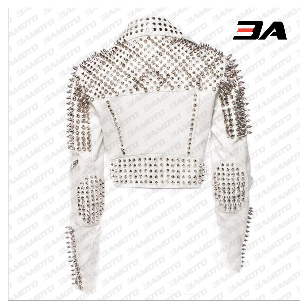 Handmade Womens White Fashion Studded Punk Style Leather Biker Jacket