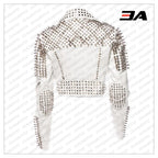 Handmade Womens White Fashion Studded Punk Style Leather Biker Jacket