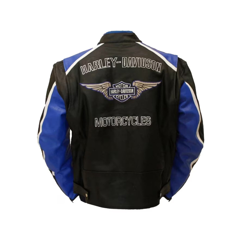 Harley Davidson Men's Blue & Black Leather Biker Jacket