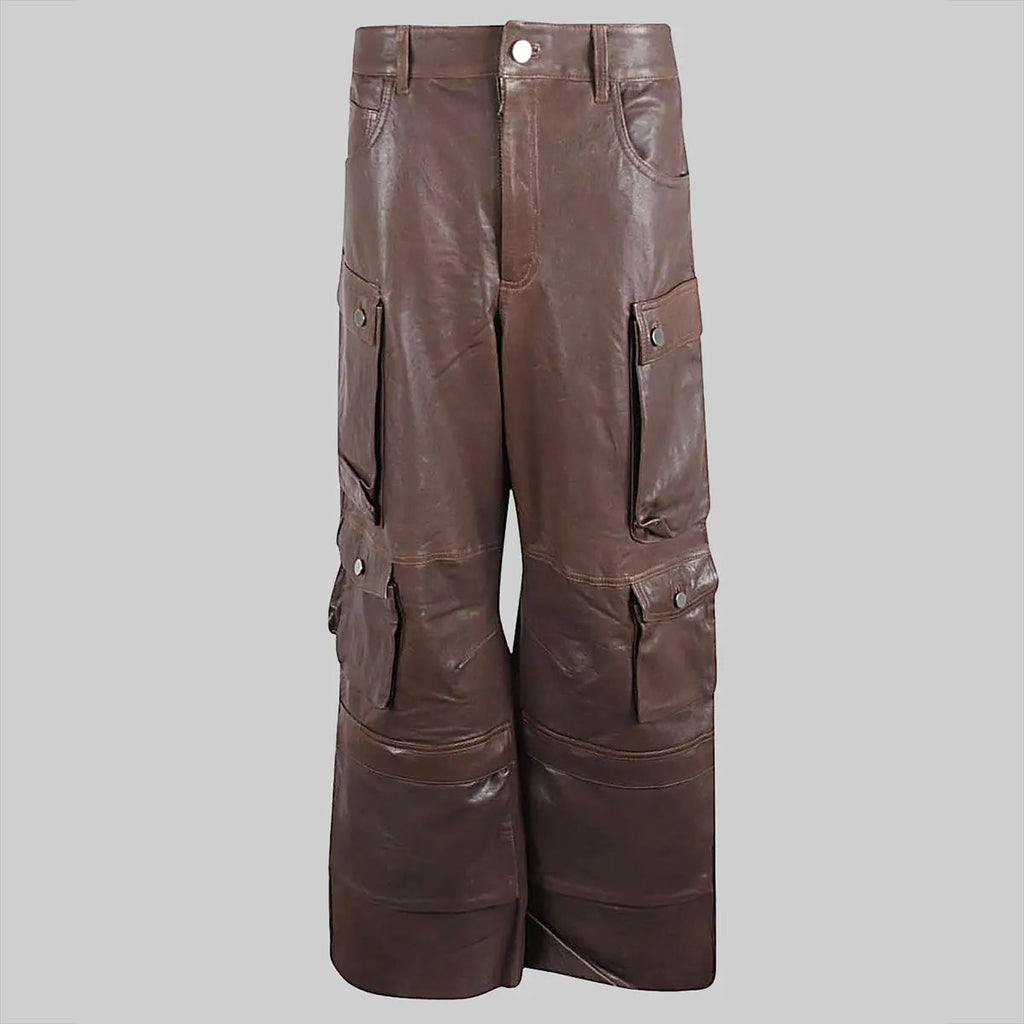 Women's Brown Wide-Leg Leather Cargo Pants