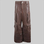 Women's Brown Wide-Leg Leather Cargo Pants