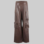 Women's Brown Wide-Leg Leather Cargo Pants