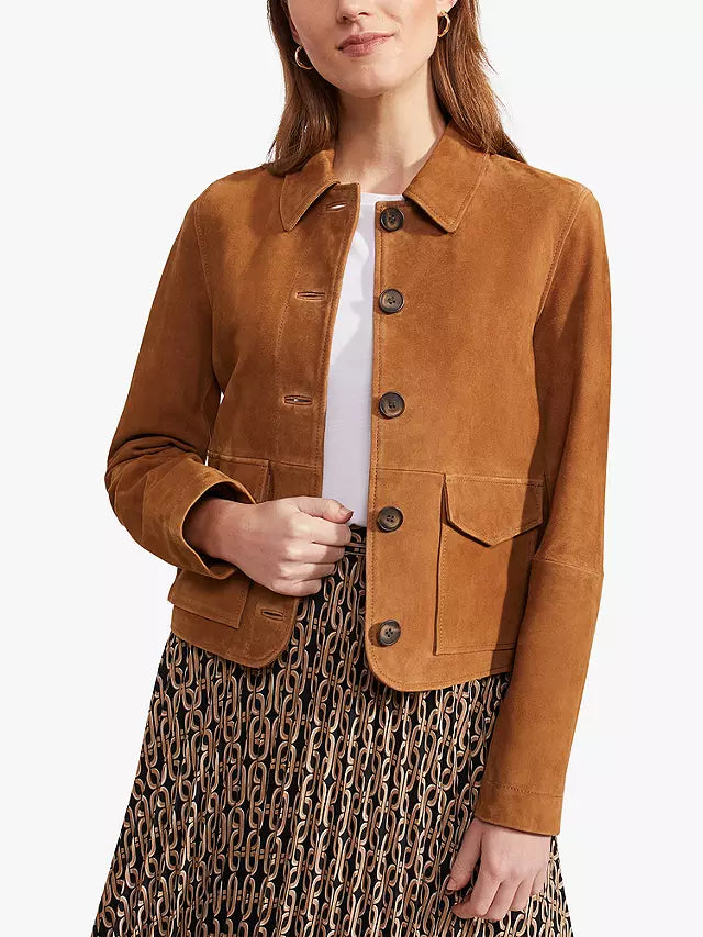 Hobbs Ashlee Button Suede Jacket Tan