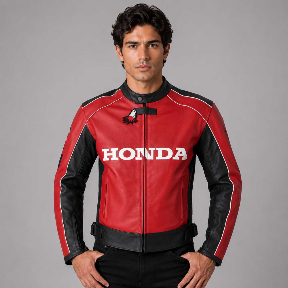 Honda Red Unique Wing Motorcycle Racing Cowhide Leather Jacket