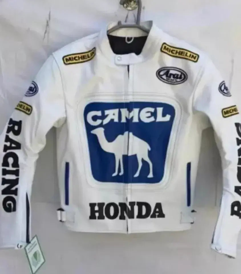 Honda Camel Racing White Motorcycle Cowhide Leather Jacket