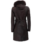 Hooded Womens Leather Dark Brown Faux Shearling Coat