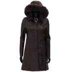 Hooded Womens Leather Dark Brown Faux Shearling Coat