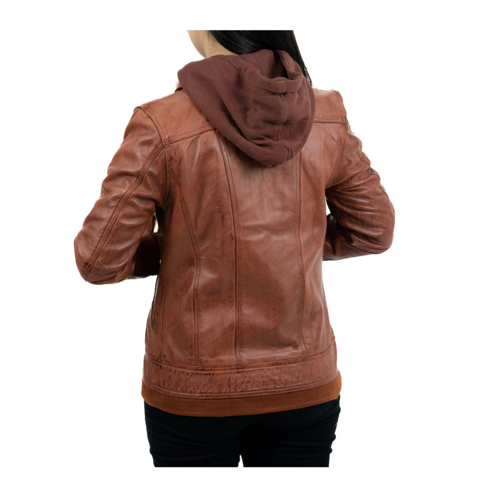 Hooded Brown Leather Bomber Jacket Women