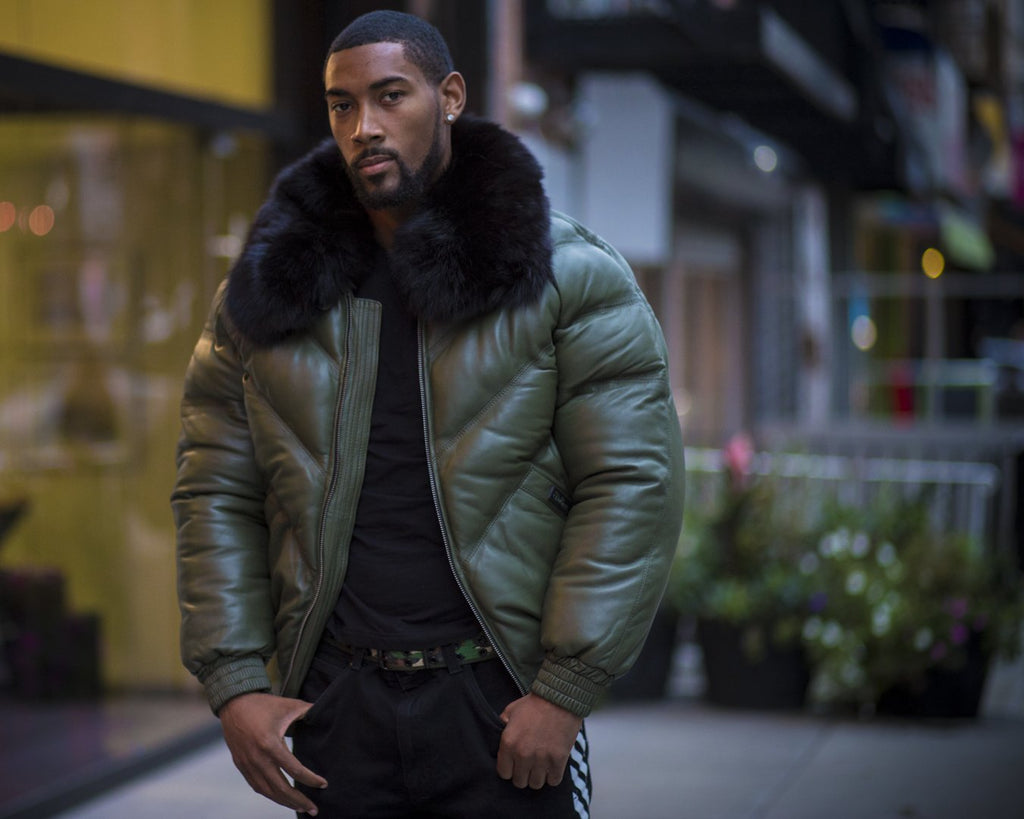 MEN V BOMBER JACKET - OLIVE GREEN ( BLACK FUR)