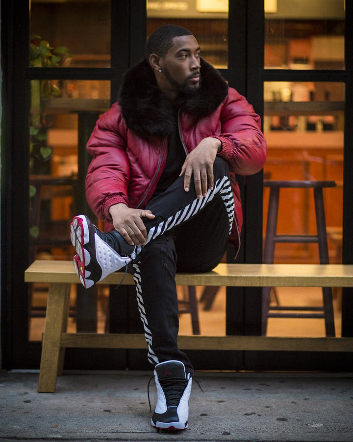 Men V Bomber Jacket - Red (Black fur)
