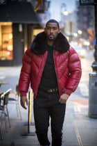 Men V Bomber Jacket - Red (Black fur)