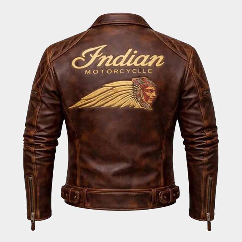 Indian Men's Distressed Brown Cowhide Leather Motorcycle Jacket with Embroidered Logo