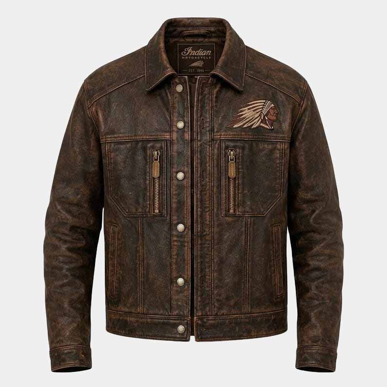 Indian Men's Distressed Brown Cowhide Leather Motorcycle Jacket with Embroidered Logo