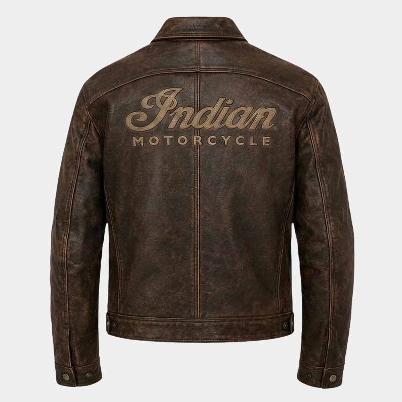 Indian Men's Distressed Brown Cowhide Leather Motorcycle Jacket with Embroidered Logo