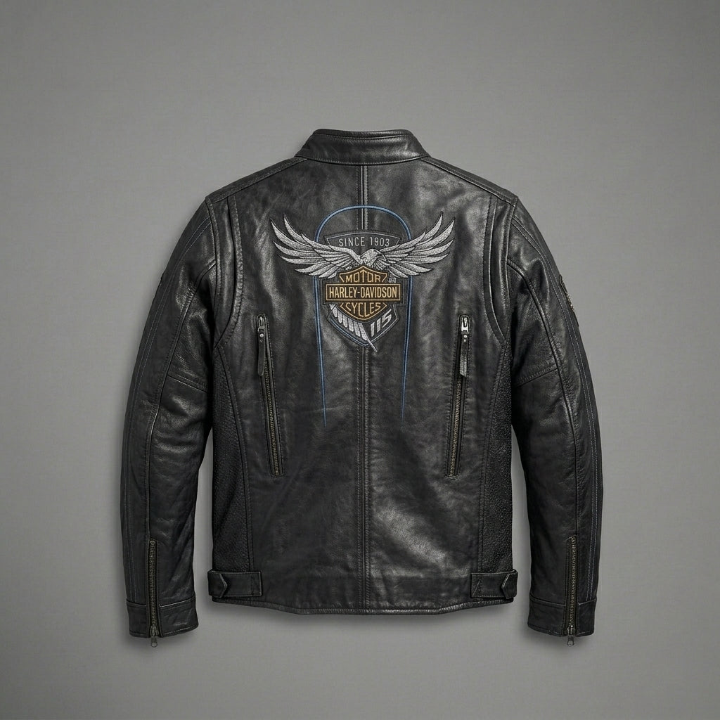 Men’s Vintage Harley-Style Leather Moto Jacket – Anniversary Graphic Edition