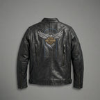 Men’s Vintage Harley-Style Leather Moto Jacket – Anniversary Graphic Edition