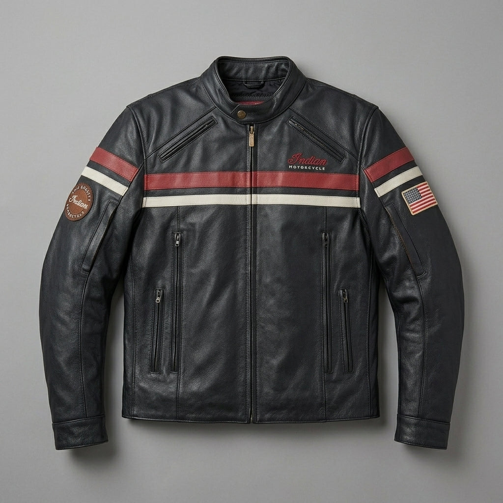 Men’s Indian Motorcycle Style Vintage Leather Biker Jacket – Embroidered Script Logo