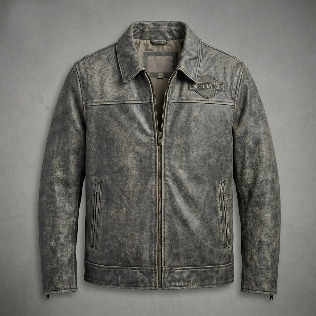 Men’s Harley-Style Black Leather Moto Jacket – Orange & White Racing Stripe Edition