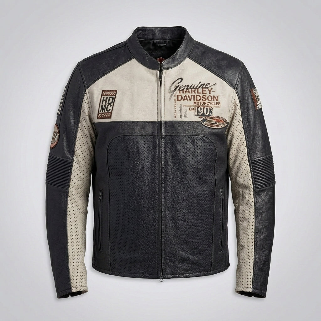Men’s Harley-Style Genuine Leather Jacket – Star Embroidered Shoulder Moto