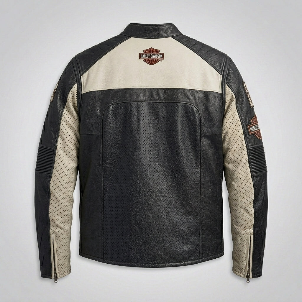 Men’s Harley-Style Genuine Leather Jacket – Star Embroidered Shoulder Moto