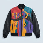 Men’s Artistic Plush Leather Jacket – Picasso-Inspired Statement Edition