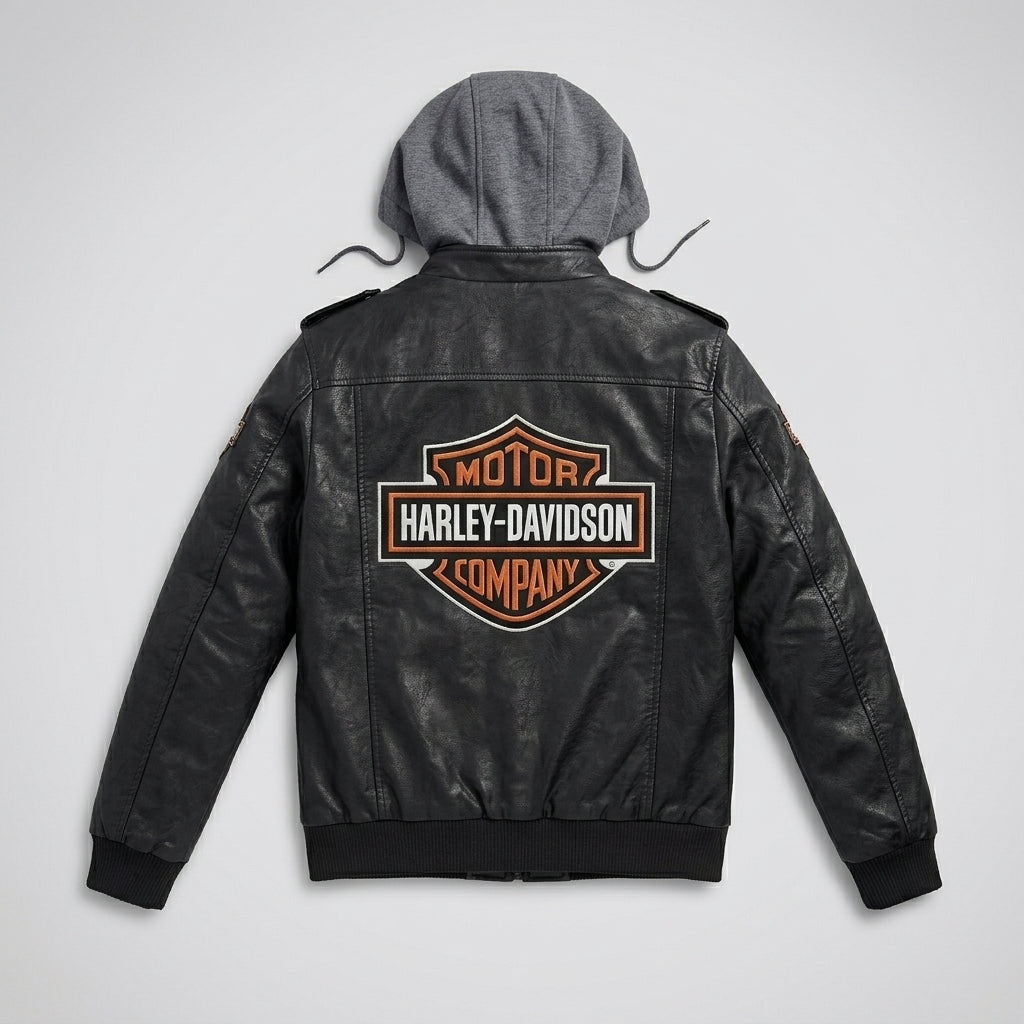 Men’s Black Hooded Cowhide Leather Biker Jacket – Harley-Style Moto