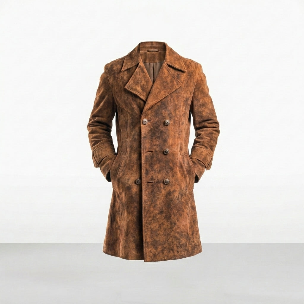 Men’s Vintage Brown Suede Leather Long Coat – Classic Retro Overcoat