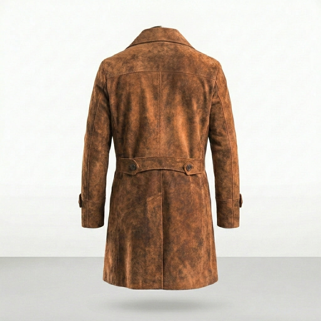 Men’s Vintage Brown Suede Leather Long Coat – Classic Retro Overcoat