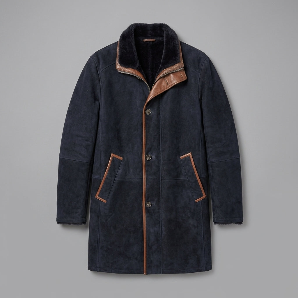 Men’s Genuine Shearling Sheepskin Leather Coat – Luxury Winter Overcoat
