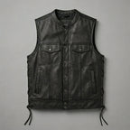 Classic Black Leather Motorcycle Vest – Snap Button & Side Lace Fit