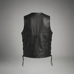 Classic Black Leather Motorcycle Vest – Snap Button & Side Lace Fit