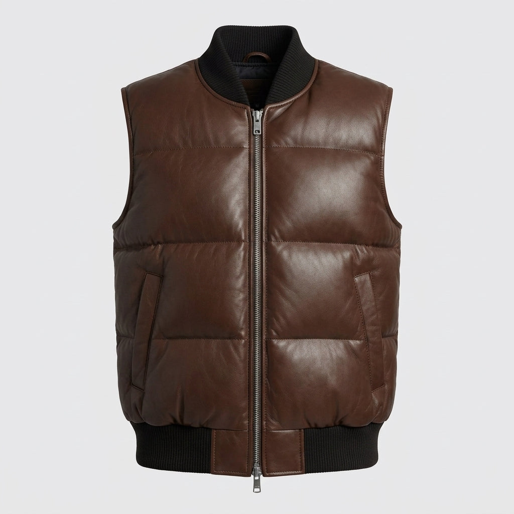 Brown Leather Puffer Vest for Men – Classic Warmth Edition