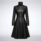 Women’s Black Gothic Victorian Leather Trench Coat – Elegant Long Statement Coat