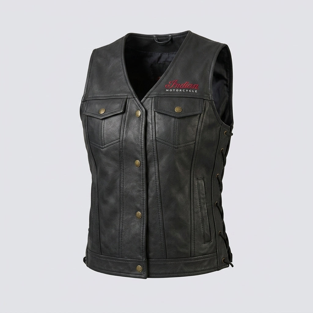Women’s Black Buffalo Leather Western Motorcycle Vest – Adjustable Side Lace Fit