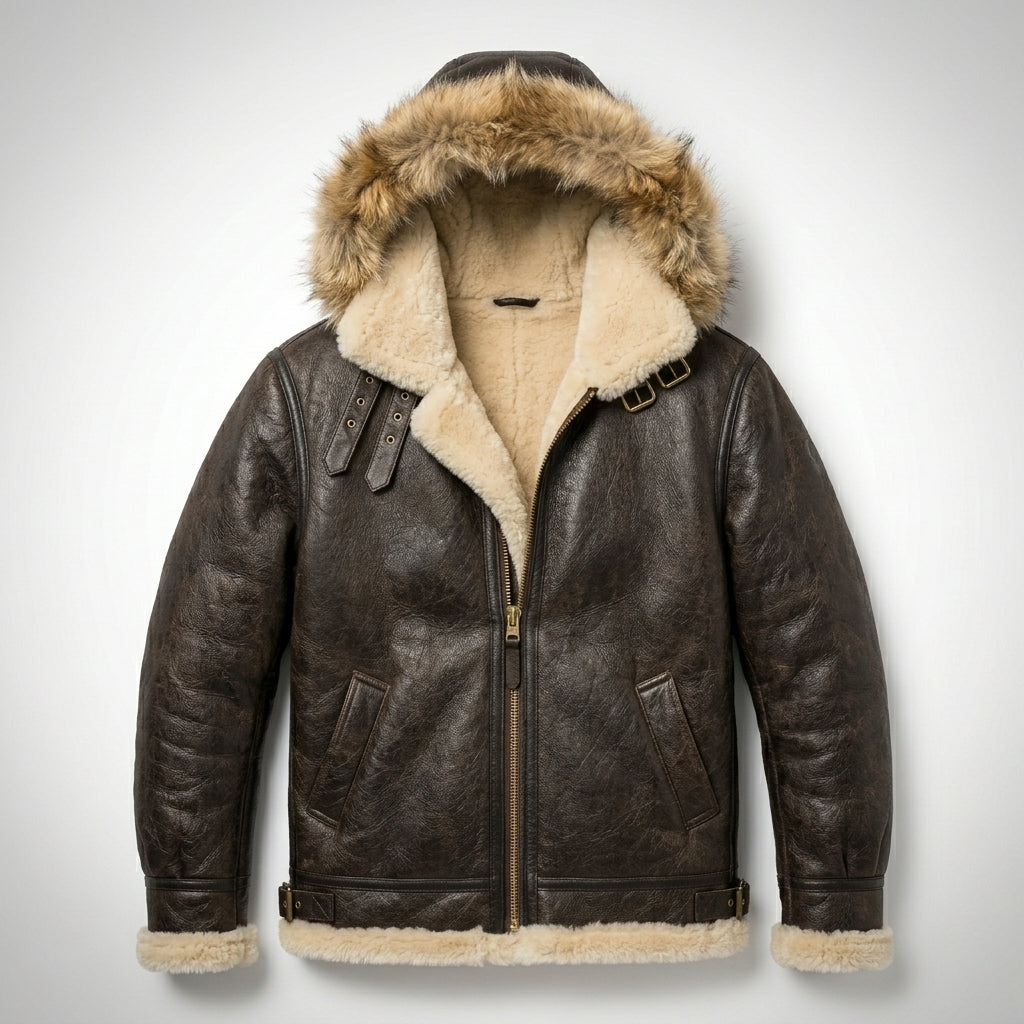 Men’s B-3 Hooded Sheepskin Bomber Leather Jacket – Premium Shearling Flight Coat