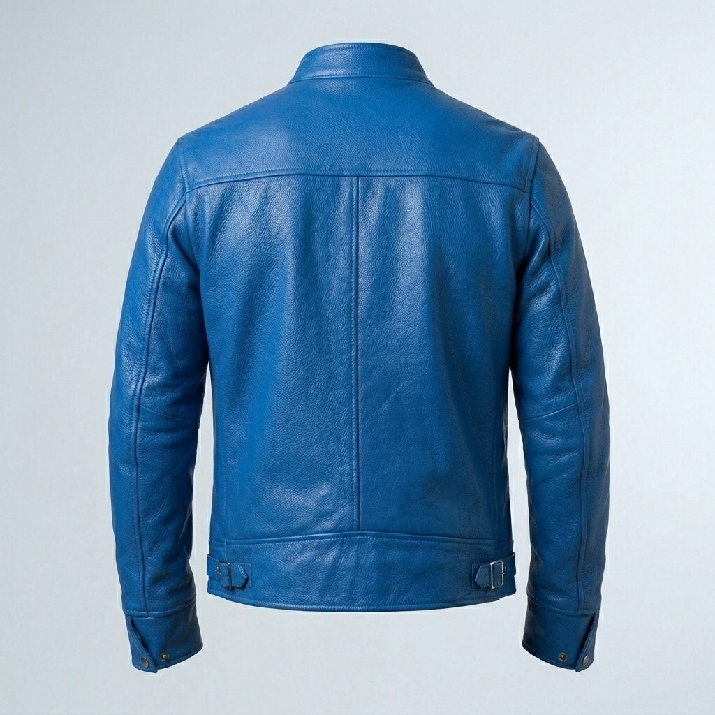 Men’s Blue Trucker Style Cafe Racer Leather Jacket – Motorcycle Biker Jacket